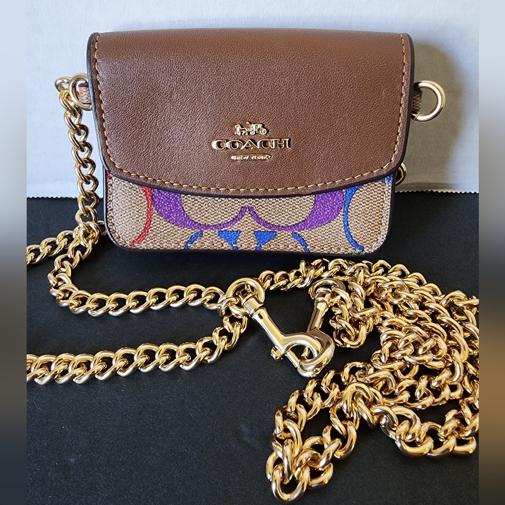 Coach Rainbow Brown Leather Signature Mini wallet with Gold Chain